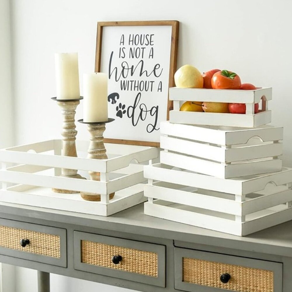 NEW Set of 4 Large Wooden Crates Decorative, Whitewashed Nesting Wooden Crates